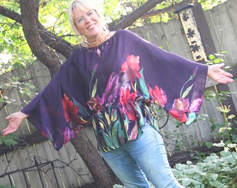 upcycled top S - M upcycled clothing . kimono sleeve tunic . purple rain