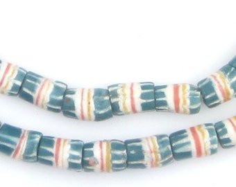 44 Teal Strawstack Beads - African Krobo Beads - Blue African Beads - Powder Glass Beads - Striped Blue Beads (KRB-CYL-MIX-115)