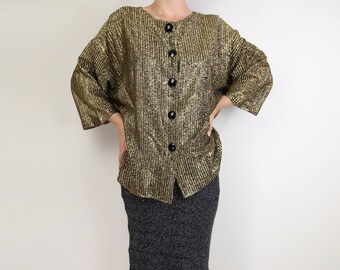 VINTAGE Blouse Gold Blouse 1980s Metallic Shirt Extra Large