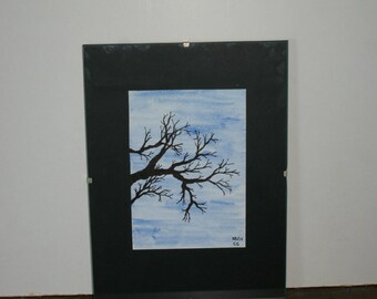Original watercolor tree on Blue 10.5 cm * 14.5 cm