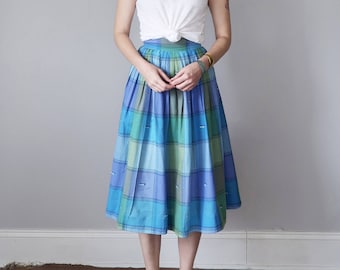60s skirt / blue & lavender cotton pleated plaid (xs - s)