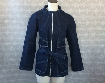 Womens Salvaged Denim Funnel Neck 4 pocket Belted Denim Jacket
