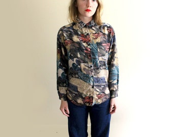 vintage shirt 90s novelty ancient ruins print 1990s blouse womens clothing size l large