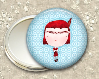 cute girl pocket mirror, red haired girl art hand mirror, mirror for purse, bridesmaid gift, stocking stuffer MIR-109