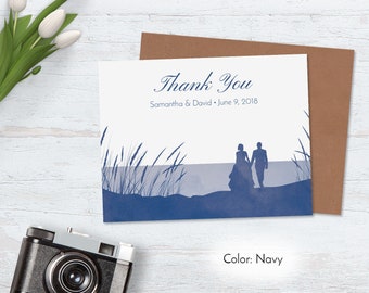 Outdoor Wedding Thank You Cards, Beach Watercolor Thank You Notes, Personalized Recycled Unique Nature Custom Navy Blue Couple Kraft