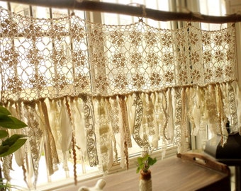 Vintage Hippie Valance - Boho HANDmade Crochet Curtain window treatments Shabby Cream Chic Tassel Rag Gypsy