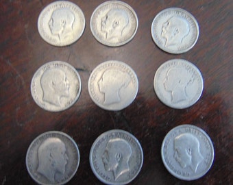 9 Antique silver shilling coins from 1877-1917