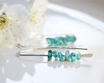 Blue Apatite Earrings, Sterling Silver, blue gemstone threader earrings natural stone hand-forged artisan earrings holiday gift for her,4417