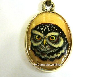 Hand Painted Cameo Owl Pendant Jewelry Sterling Silver Setting Mother Of Pearl Wearable Art By SylCameoJewelsStore