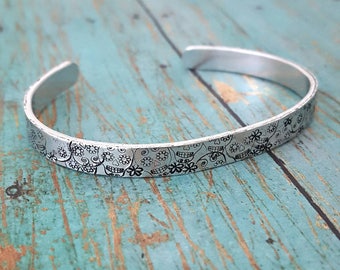 Sugar Skull Cuff Bracelet -Sugar Skull Jewelry - Sugar Skull - Skinny Cuff - Dia de los Muertos - Skull - Gift for Her - Skull Bracelet