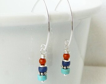 Turquoise Sterling Silver Earrings, Sundance Style Minimalist Earrings, Gemstone Stack Simple Earrings, Colorful Southwestern Jewelry, Gift