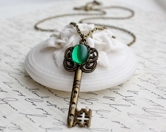 Emerald Key Necklace in Antique Brass or Antique Silver - Long