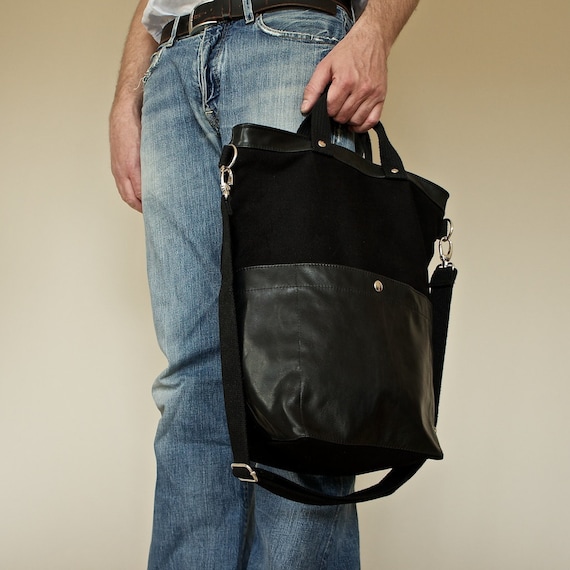 Items similar to Technical Tote - Black Canvas and Black Leather ...