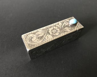 Sterling Silver Lipstick Holder, Vintage Lipstick Case, Turquoise Cabochon Clasp, Silver Compact Case, 800 Sterling Silver, Made in Italy