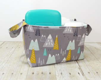 Fabric Storage Basket - Diaper Caddy - Mountains on Gray - Toy Storage