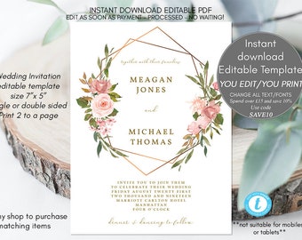 geometric floral wedding invitation template, editable wedding invitation, printable wedding invitations, rustic floral, templett, 7x5