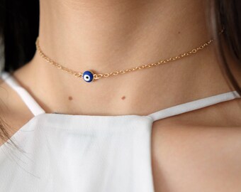 Dainty Minimalist Simple Gold Silver Navy Evil Eye Choker Necklace / Gold Silver Evil Eye Hamsa / Layered Necklace / Choker Necklace