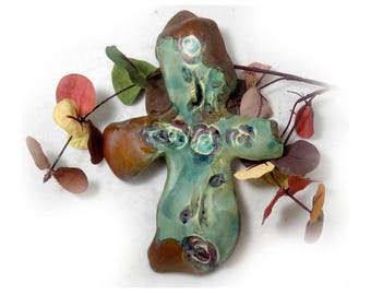 Wall Cross, green brown cross - Home Decor Cross, Ceramic green Cross , wall art cross - one of a kind wall cross - # 146