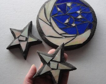 Moon and Stars, Floating Stained Glass Garden Mosaic Sculptures, Outdoor Rooms, Home Decor, Pond Ornament, Water Garden Decor, Garden Beds