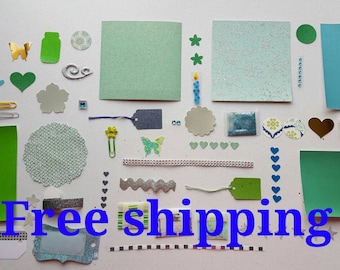 Blue and green sparkly kit. Smash book kit. Junk journal kit. Art journal kit. Scrapbook kit. Free shipping.
