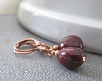 Moukaite Earrings, Burgandy Moukaite, Gemstone Earrings, Earthy Natural, Copper Jewelry, Copper Earrings, Deep Wine, Moukaite Nuggets
