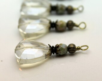 Silver Champagne Triangle Crystal with Czech Bead Dangle Charm Drop Pendant Set