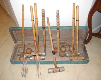 Wooden Croquet Set Complete in wooden box. Primitive Lawn Croquet Set. Boxed Croquet Set. Outdoor games.