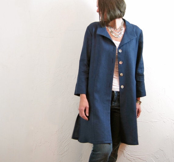 Items similar to Linen Jacket - Dark Cobalt Blue with Fold Back Collar ...