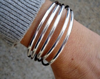 Leather Bracelet, Sterling Silver Tubes Bracelet, Leather Cuff, Silver Cuff, Women's Bracelet