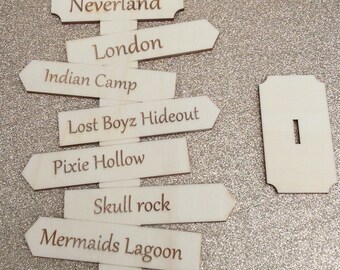 Gorgeous Peter Pan Neverland freestanding signpost laser cut wood - indian camp, London, lost boyz hideout, pixie hollow, skull rock