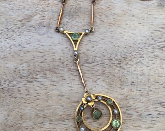 Vintage Art Nouveau Peridot and Seed Pearl Necklace