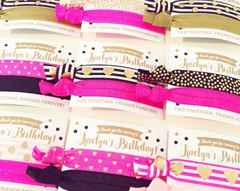 Hot Pink, Black + Gold Birthday Party Hair Tie Favors | Pink + Gold Birthday Party Hair Tie Favors, Teen Tween Girls Sleepover Slumper Party