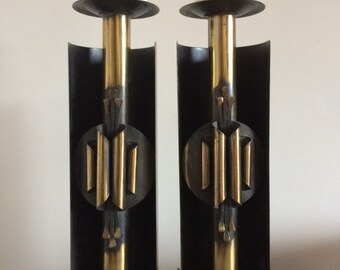 Brutalist Brass Candle Holders – Set of 2 - Massive 13 Inches Tall - 1960’s German Made – Pair / Block Candlesticks – Brass Metal Art