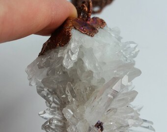 Quartz crystal point copper electroformed colorful patina pendant