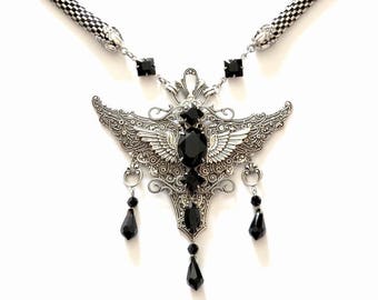 Silver Gothic Necklace Pendant Gothic Jewelry Black Swarovski Necklace Angel Wings Pendant Gothic Wings Necklace Statement Necklace