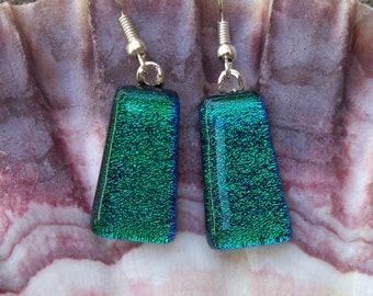 Emerald green dichroic fused glass dangle earrings