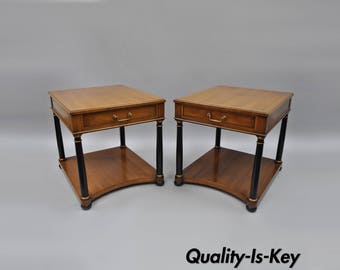 Heritage Henredon Pair Empire End Tables Walnut Black Columns Vintage Regency
