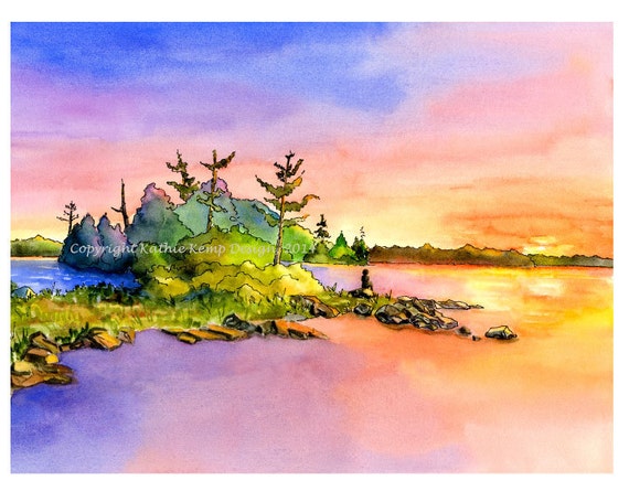 Sunrise Sunset Colors Reflecting in water Watercolor Pen and
