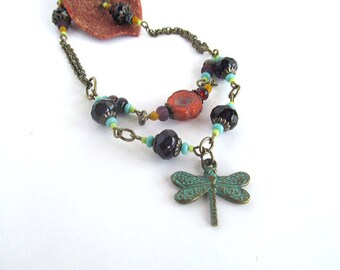 Boho Dragonfly Necklace, Layered necklace, Bohemian Jewelry, Dragonfly Pendant Necklace, Gypsy Choker, Moonlilydesigns, Rustic Jewelry