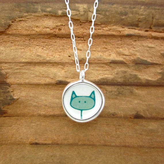 Reversible Cat Necklace Blue Cat / Orange Cat Sterling