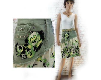 upcycled green skirt - upcycled denim skirt - denim jean skirt ,green Boho skirt - alternative skirt - green denim skirt - Size 6 # 2