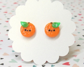 Orange Oranges Earrings, Food Earrings, Kawaii Stud Earrings, Nickel Free, Cute Fruit Earrings, Hypoallergenic Nylon Posts, Sensitive Ears
