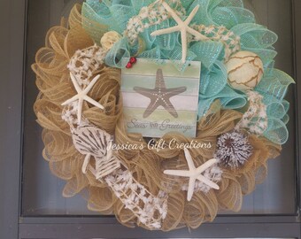 Ready to Ship Sea Greetings Wreath/Christmas Mesh Wreath/Front Door Wreath/Beach Wreath/Holiday Door Hanger/Seasonal Wreath/Winter Wreath