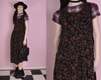 90s Floral Print Corduroy Jumper Dress/ Medium/ 1990s/ Tank/ Sleeveless