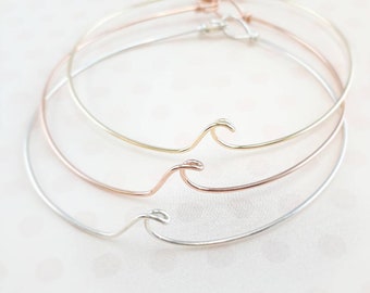 Island Princess Wave Bangle, Silver, Gold, Rose Gold, Copper Wave Bracelet, Wire Wrap Beach Jewelry, Ocean Wave, Boho Beach Wedding