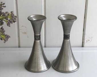 2 Vintage Haugrud Pewter Candleholders Norsk Tinn Norway Norwegian Pewter Scandinavian Design Folk Traditional 5 1/4" Tall