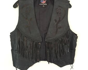 Vintage Black Leather Fringe Rose Vest