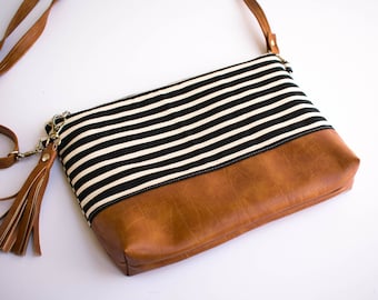 Faux Leather Bag, Minimalist Bag, Small Crossbody Purse, Hipster Bag, Striped Purse, Black and White