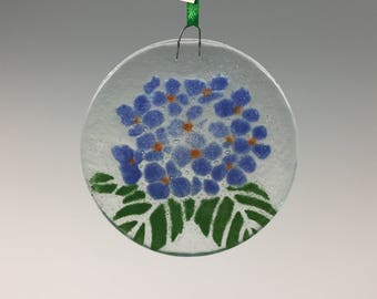 Fused Glass Ornament, Hydrangea Ornament, Blue Hydrangea, Flower, Office Gift, Christmas Ornament