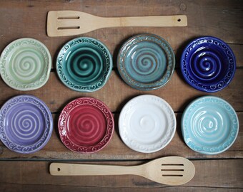 Spoon Rest, Decorated, Spoon Holder, Dish, Green, Blue, Purple, Cranberry, Aqua, White, IN STOCK, ready to ship